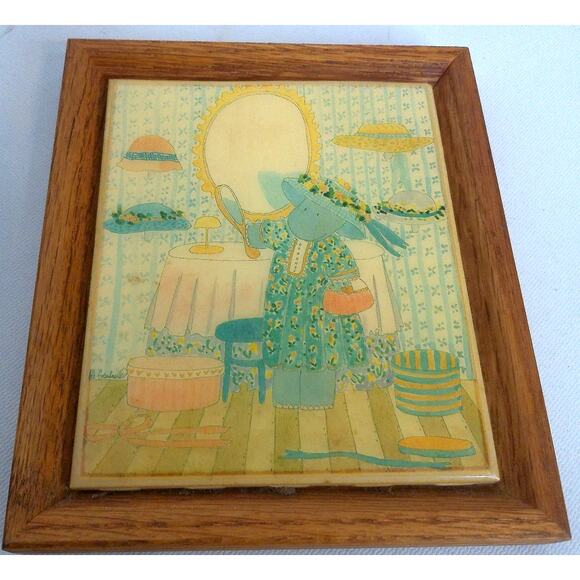 Vintage Susan Gantner Art Hippopotamus Hats Tile Trivet Plaque Framed - Picture 5 of 6